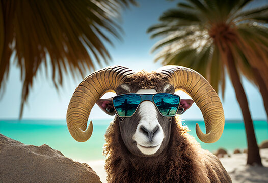 Funny ram in sunglasses looks at the camera against the backdrop of a seascape with palm trees. AI Generated