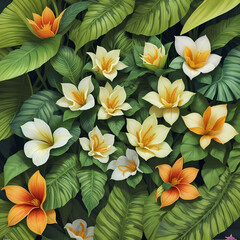 Immerse in Tropical Paradise: Captivating Illustration of Exotic Flowers and Verdant Foliage