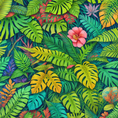 Tropical Fusion: Captivating Illustration of Exotic Flowers and Foliage in a Lush Background