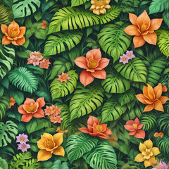 tropical paradise illustration, vibrant colours, captivating design, lush greenery, exotic flowers