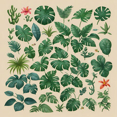 Vibrant Tropical Illustration: Exotic Flowers and Foliage Blend in a Captivating Composition