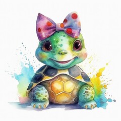 Watercolor Turtle with Bow on Head - AI Generative