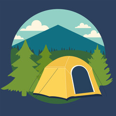 Vector illustration in a flat style. The concept of outdoor recreation, hiking, camping in the mountains.