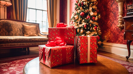 Christmas gifts, happy holidays and holiday celebration, wrapped gift boxes, presents and decorated Christmas tree, generative ai