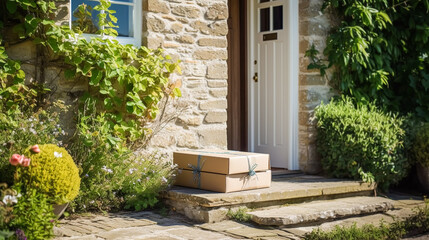 Fototapeta na wymiar Postal service, home delivery and online shopping, parcel box on a house doorstep in the countryside, generative ai