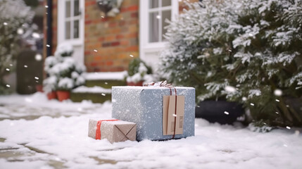 Christmas gifts delivery, postal service and holiday presents online shopping, wrapped parcel boxes on a country house doorstep in a snowing winter, generative ai