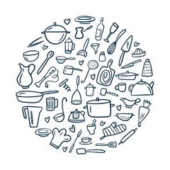 Round illustration from the collection of kitchen utensils, hand-drawn in the style of doodles
