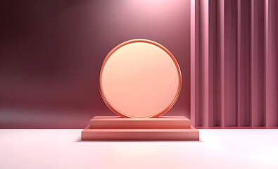 Abstract minimal concept. Luxury glossy rose gold metallic round podium on background. Mock up template for product presentation. 3D rendering. copy text space	
