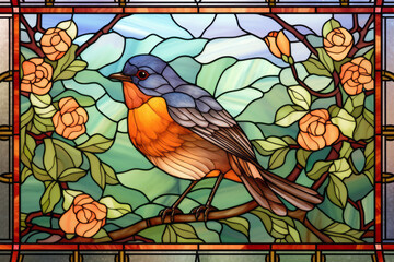 Stained-glass illustration of a wild robin (Erithacus rubecula) bird in a stained glass/mosaic frame. AI-generated art.