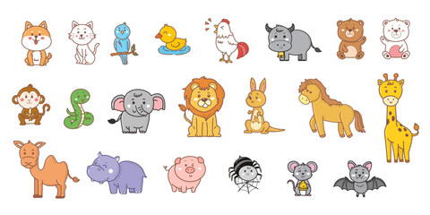 set of cute cartoon animals of the world. Vector illustration isolated on white. Icon set.