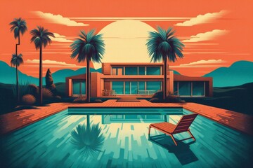 Fototapeta premium Vacation, summer sunset, retro and modern style, for a greeting card Generative AI