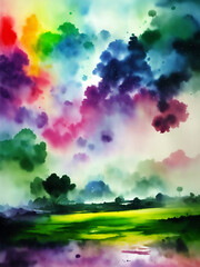 Obraz na płótnie Canvas Rainbow meadow landscape. AI generated illustration