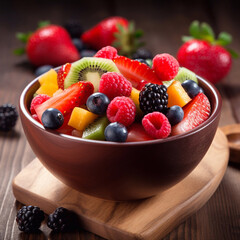 Fresh fruit salad in the bowl on wooden background. Generative AI