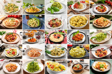 Fototapeta na wymiar Collage with different types of Italian pasta