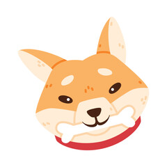 Akita Inu Dog and Domestic Animal or Pet Head with Bone Vector Illustration