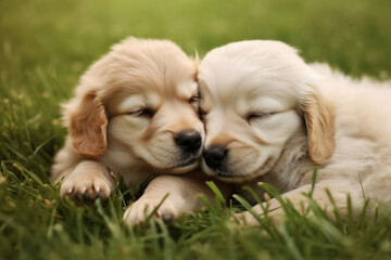 Two endearing cream and light brown pups nestled together on the verdant lawn.