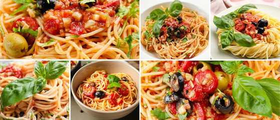 Collage with tasty pasta Puttanesca