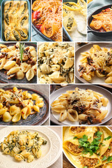 Collage with tasty conchiglie pasta