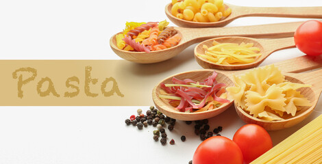 Spoons with different types of raw pasta, tomatoes and spice on white background