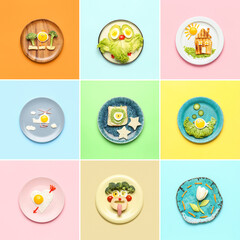 Fototapeta premium Collage of funny dishes for kids on color background, top view