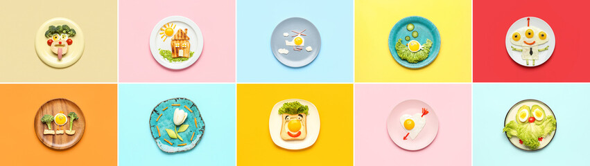 Collage of funny dishes for kids on color background, top view