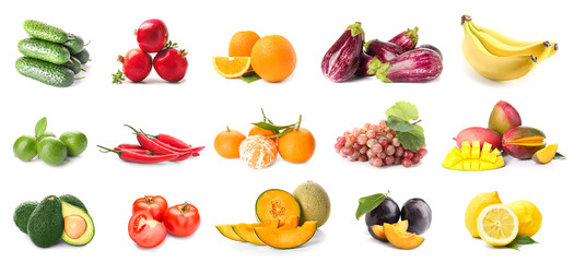 Collage of fresh vegetables and fruits isolated on white