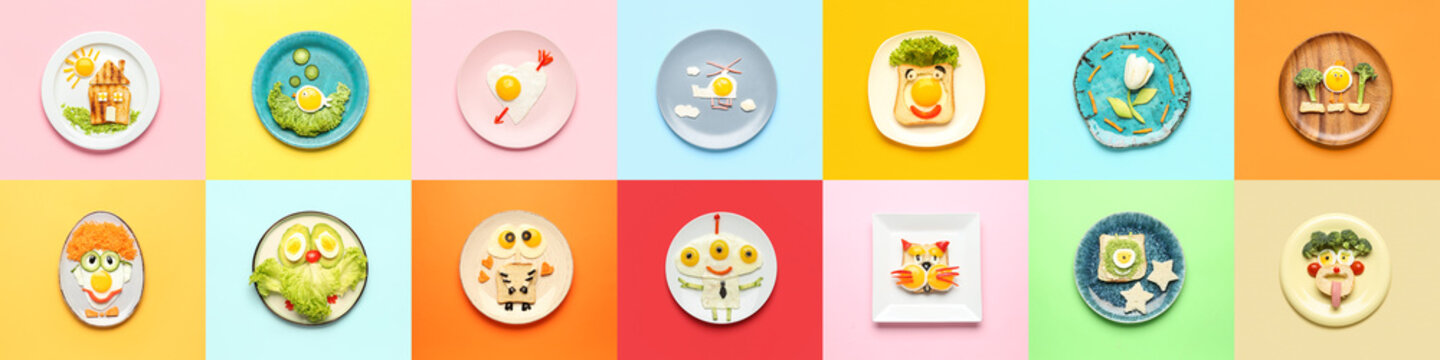Naklejki Collage of funny dishes for kids on color background, top view