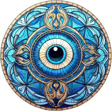 Round stained-glass illustration of the evil eye (Turkish eye symbol amulet) in a stained-glass/mosaic frame. AI-generated art.