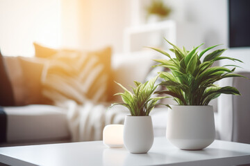 Beautiful green plants in a pots on blurred living room interior background. Generative AI.