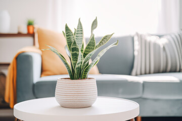 Sansevieria or snake plant in a pot on blurred living room interior background. Generative AI. - obrazy, fototapety, plakaty