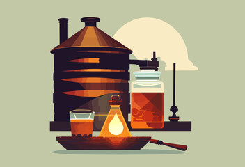 Moonshine still and bottle, scale and glass are filled with alcohol