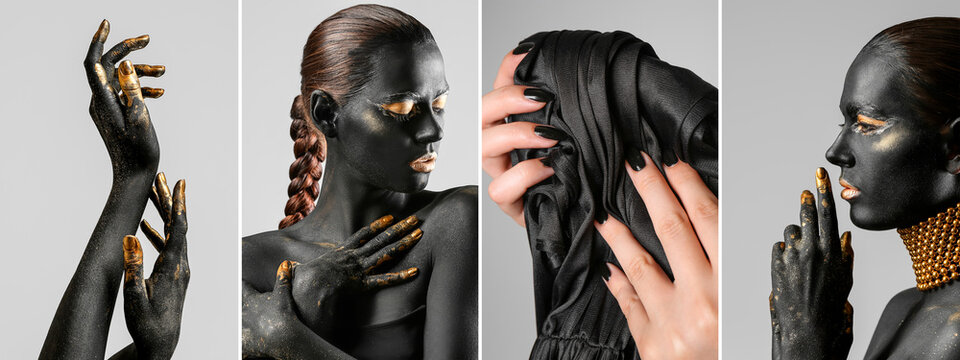 Collage of attractive woman with black and golden paint on her body and manicure against light background
