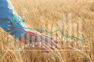 Virtual screen with graphs and male farmer in wheat field. Concept of food price