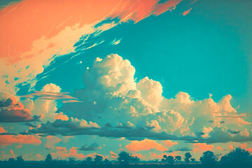 Fototapeta na wymiar Teal and orange dream-like sky, cloud and landscape illustration. Dreamy horizontal landscape and cloudscape with vivid orange and teal look. Sunset, summer, animation style. Made with Generative AI