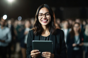 Professional Indonesian Asian Woman holding a Tablet during Business Seminar Corporate Meeting Event Workshop Conference Women in Business, Diversity, generative ai