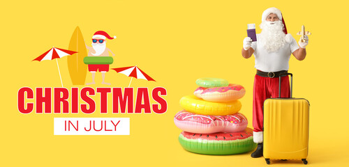 Banner with text CHRISTMAS IN JULY and Santa Claus with suitcase, passport, ticket and small...