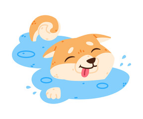 Akita Inu Dog and Domestic Animal or Pet Swim in Water Vector Illustration