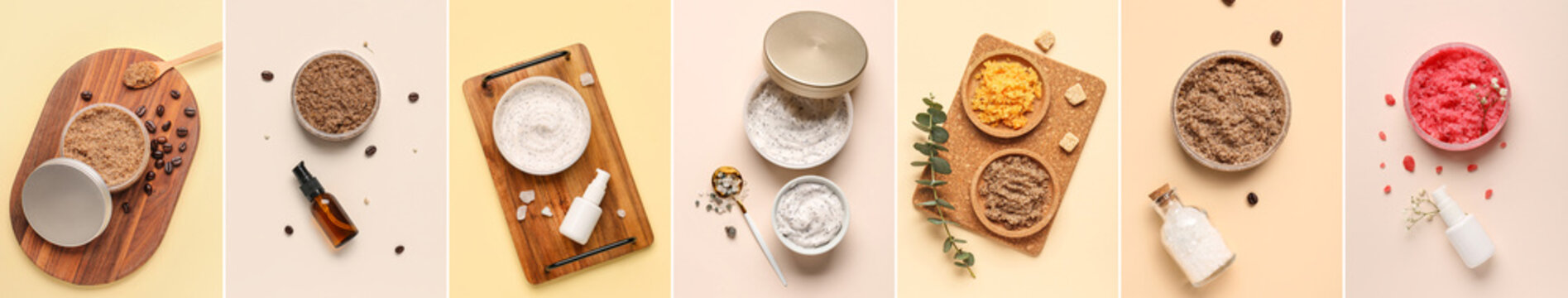 Collage of jars with different body scrubs on beige background