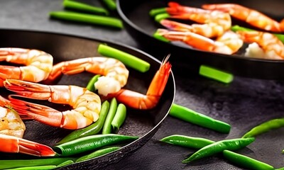 A Masterful Blend of Seafood and Vegetarian Cuisine on a Captivating Dark Canvas