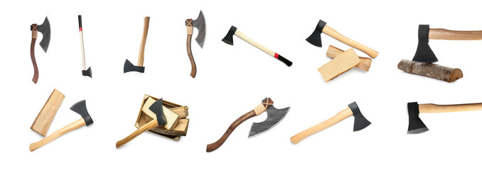 Collage of axes with firewood on white background