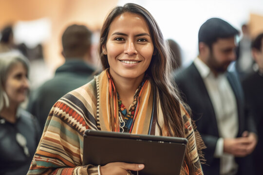 Professional Indigenous Latin South American Woman Holding A Tablet During Business Seminar Corporate Meeting Event Workshop Conference Women In Business, Diversity, Generative Ai