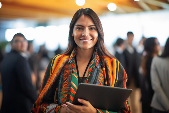 Professional Indigenous Latin South American Woman holding a Tablet during Business Seminar Corporate Meeting Event Workshop Conference Women in Business, Diversity, generative ai