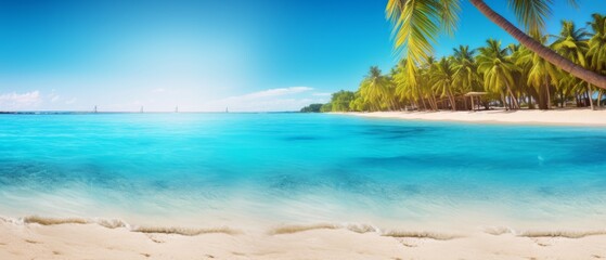 Naklejka na ściany i meble Sunny tropical Caribbean beach with palm trees and turquoise water, caribbean island vacation, hot summer day