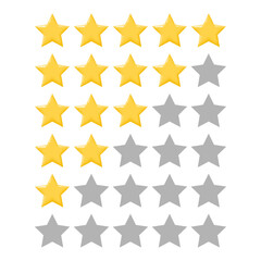 Five star rating of sites on the Internet. 5 star consumer rating for apps and websites. Yellow star icons in a row for customer voting for quality of service. Vector illustration.