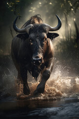 Majestic buffalo in Action on natural habitat. Wildelife Photography concept . AI Generative
