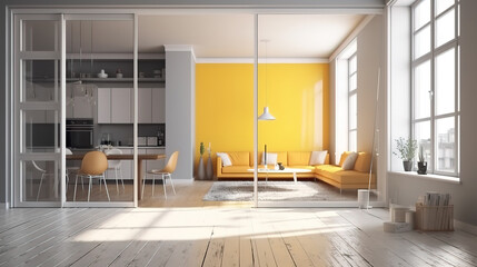 Interior of modern apartment 3d rendering, Bright color. Generative Ai
