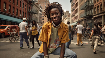 Czarnoskóra nastolatka z pięknym uśmiechem stoi na tłocznej ulicy w USA