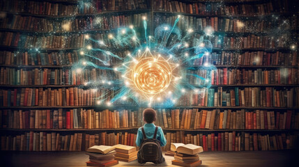 Fototapeta Mały chłopczyk w bibliotece podczas czytania książki przenosi się do innego świata magii obraz