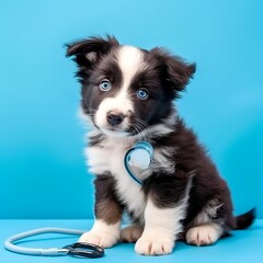 Puppy dog border collie and stethoscope isolated on blue background. Little dog on reception at veterinary doctor in vet clinic. Pet health care and animals concept. Banner