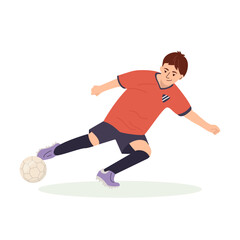 Teenage boy football player, in a red sports shirt, kicks a soccer ball. Kid sportsman playing football game, dynamic practicing. Cartoon vector illustration in flat style isolated.